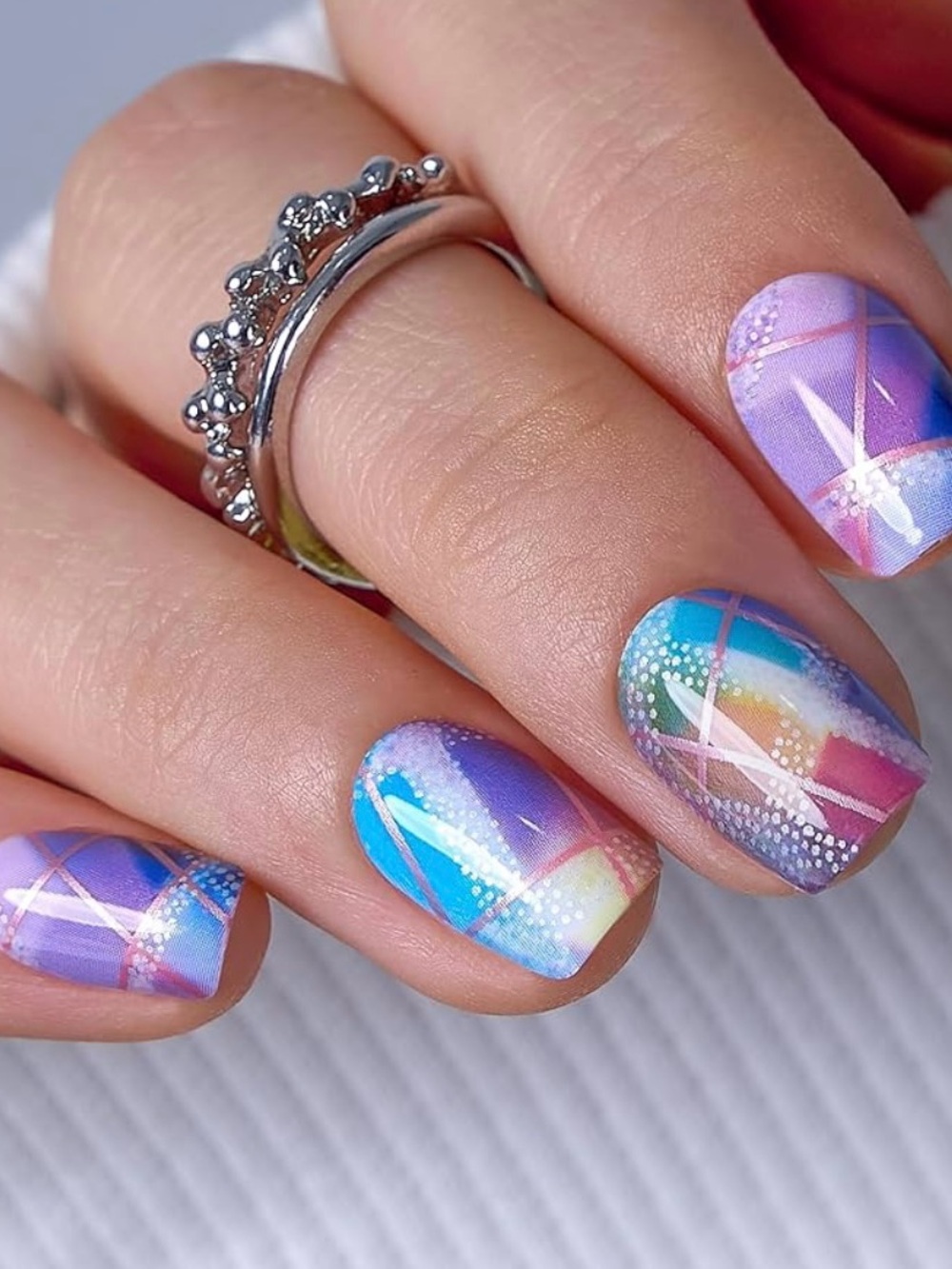 CurvLife Pastel Plaid Multicolor Press On Nails - Short Squoval Square